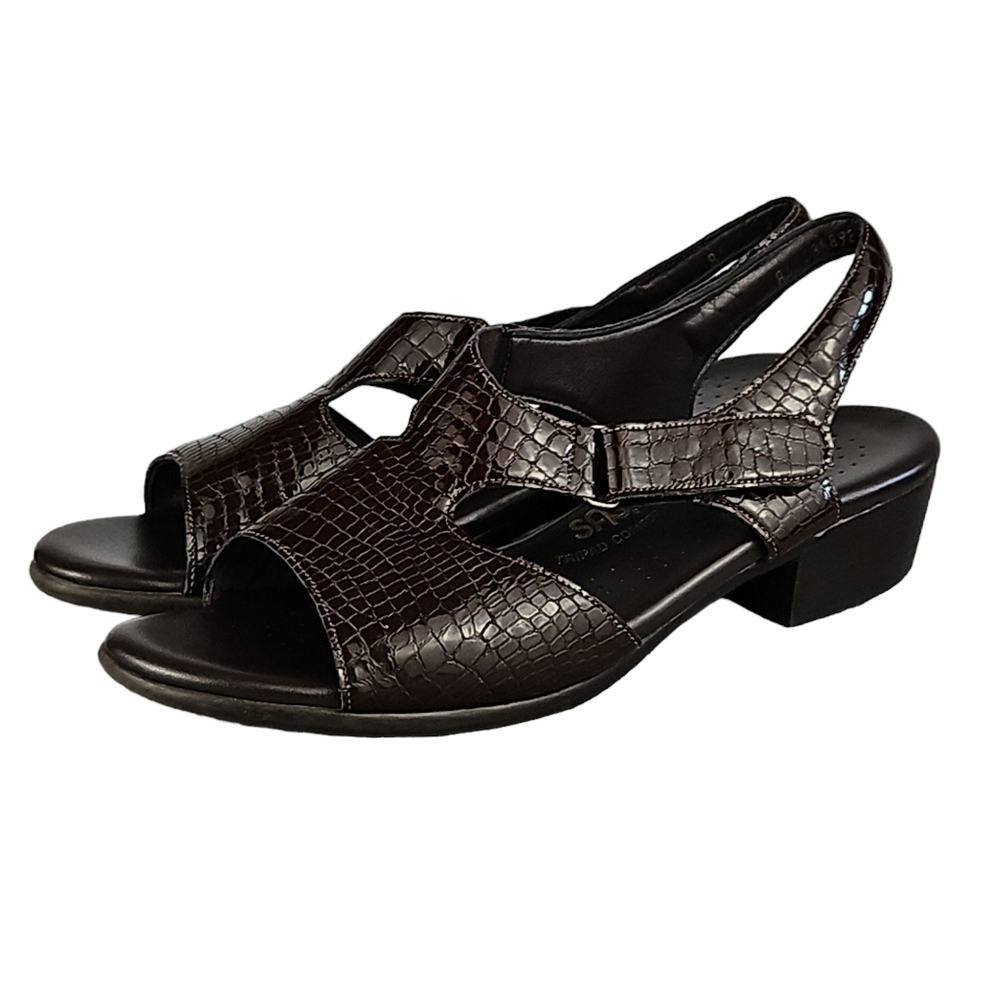 SAS Womens SUNTIMER Sandals Sz 10.5 S Tripad Patent Leather Croc Print Brown